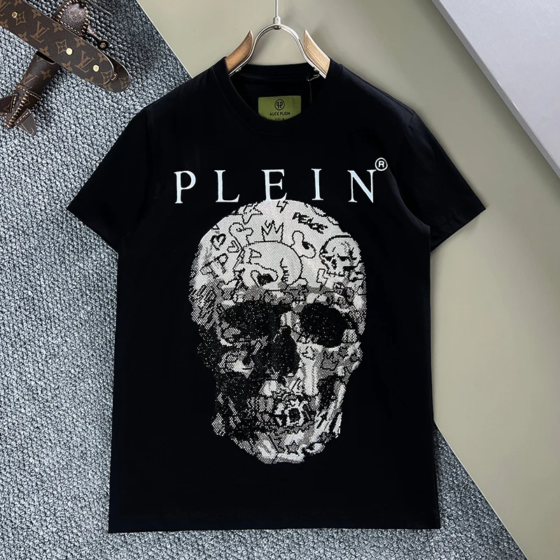 

AlexPlein Skulls Rhinestones Diamonds Men's Fashion Clothing Streetwear Trendy Unisex 2023 Summer Round Neck ShortSleeve Cotton