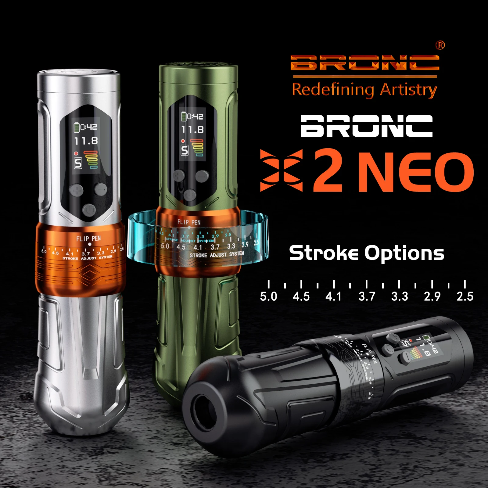 Máquina de Tatuar Inalámbrica BRONC X2 NENO, Carrera Ajustable de 2.5-5.0MM, Velocidad sin Carga de 11000rpm, Batería de 2000mAh, Pantalla a Color, Pluma de Tatuar