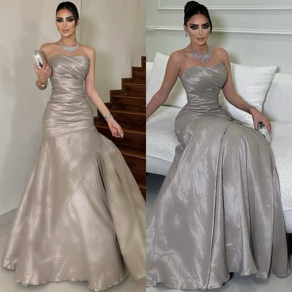 

Customized Modern Satin Evening Dress Exquisite Strapless Prom Dresses Temperament Court Train Special Occasion Gowns