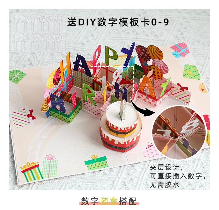 3D Pop Up Birthday Card with DIY Number Template, Happy Birthday Greeting Card with Cake & Gifts, Personalized Anniversary Card