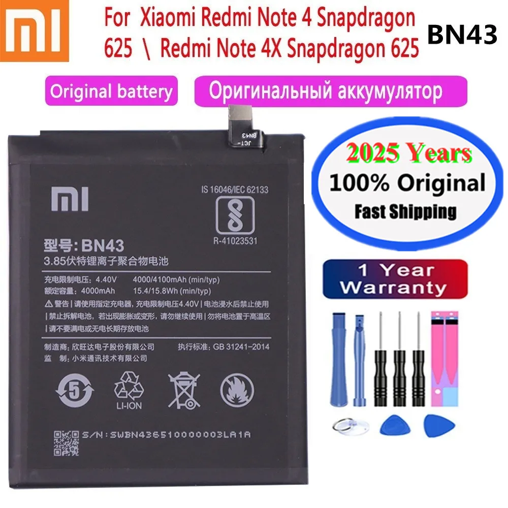 

2025 Years High Quality BN43 Original Battery For Xiaomi Redmi Note 4 X 4X Note4 Note4X Global Snapdragon 625 4000mAh Battery