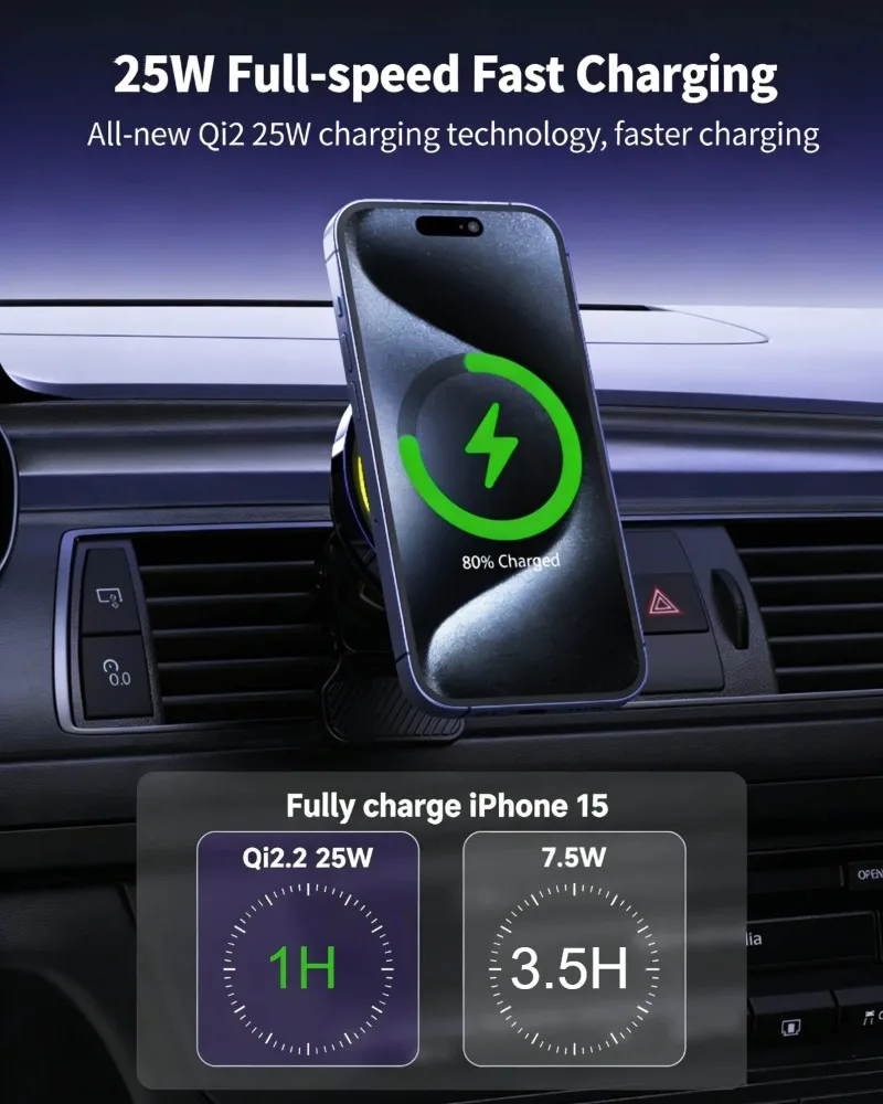 

Magnetic Wireless Car Charger 25W Fast Charging Air Vent Phone Mount RGB Light For MagSafe iPhone 17 16 15 14 13 Android Phone