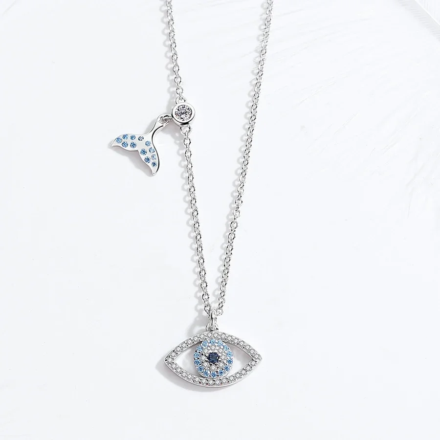 KALETINE Lucky Blue Eye Necklace 925 Sterling Silver Evil Eye Pendant Choker Fishtail Charms Necklace Jewelry Gift For Women Men