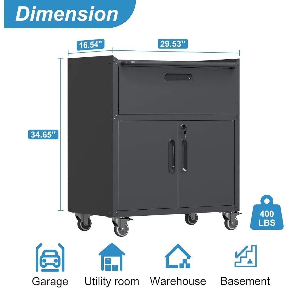 Wytrzymała metalowa szafka narzędziowa na kółkach z szufladami i funkcją blokowania.