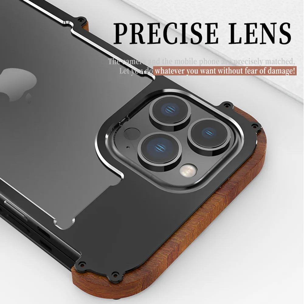 Iron Wood Case for iPhone 14 Pro Max 15 Pro 13 12 11 XS Max XR X Aviation Aluminum Alloy Bumper Metal Cover for iPhone 13 Mini
