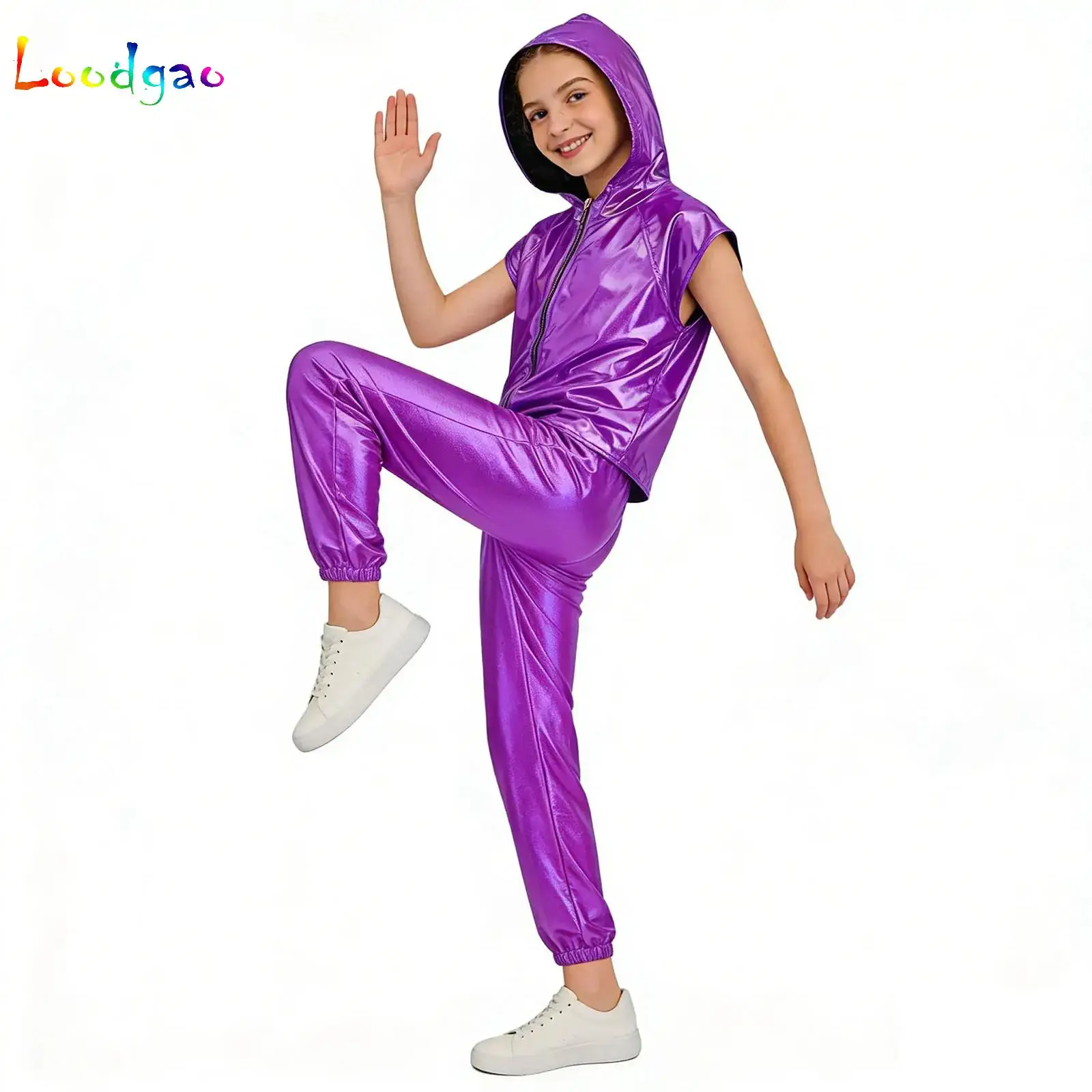 

Kids Girls Boys Metallic Dance Suit Party Performance Costume Disco Outfit Sleeveless T-shirt+Pants Jazz Modern Hip Hop Clothes