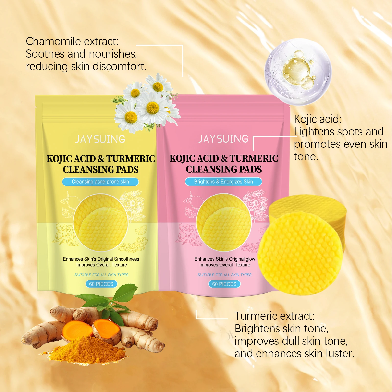 Jaysuing Kojic Acid 심황 면 타블렛 부드럽게 얼굴 모공을 깨끗하게 보습 및 브라이트닝 Kojic Acid 면 타블렛 3pcs