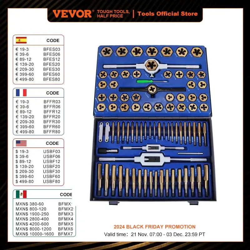 VEVOR Tap and Die Set 86PCS 110PCS Tungsten Steel Titanium Hand Threading Tool with Wrench Screwdriver for Repairing Cutting