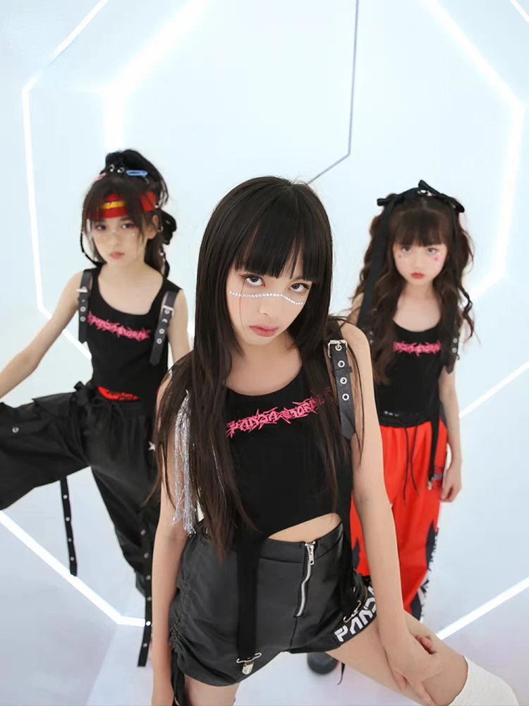 Neue Mädchen Street Dance Kleidung Anzug Schwarze Weste Hosen Hip Hop Leistung Kleidung Set Gruppe Trommel Konzert Bühne Outfits Streetwear