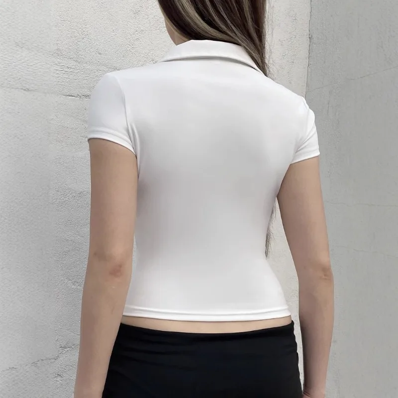 Women's Spring Autumn Tops Jacket Knitwear Flip Collar Splicing Placket Button Dew Navel Comfortable Thin Design Versatile Slim