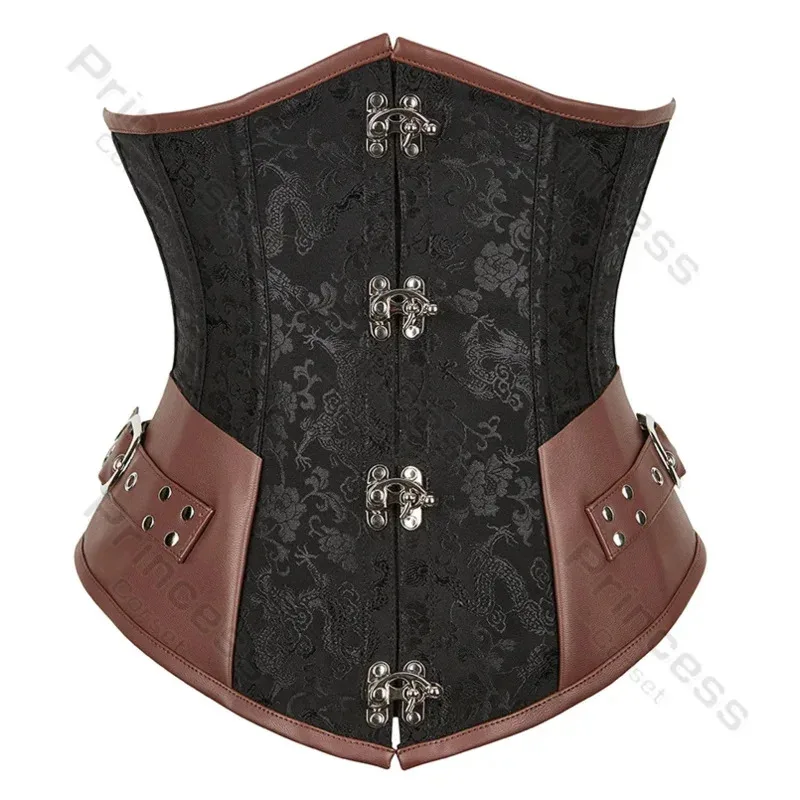 

Steampunk Underbust Corset Leather Brown Pirate Corset Belt Lace Up Back Jacquard Corset Vintage Top for Women Black OI5121