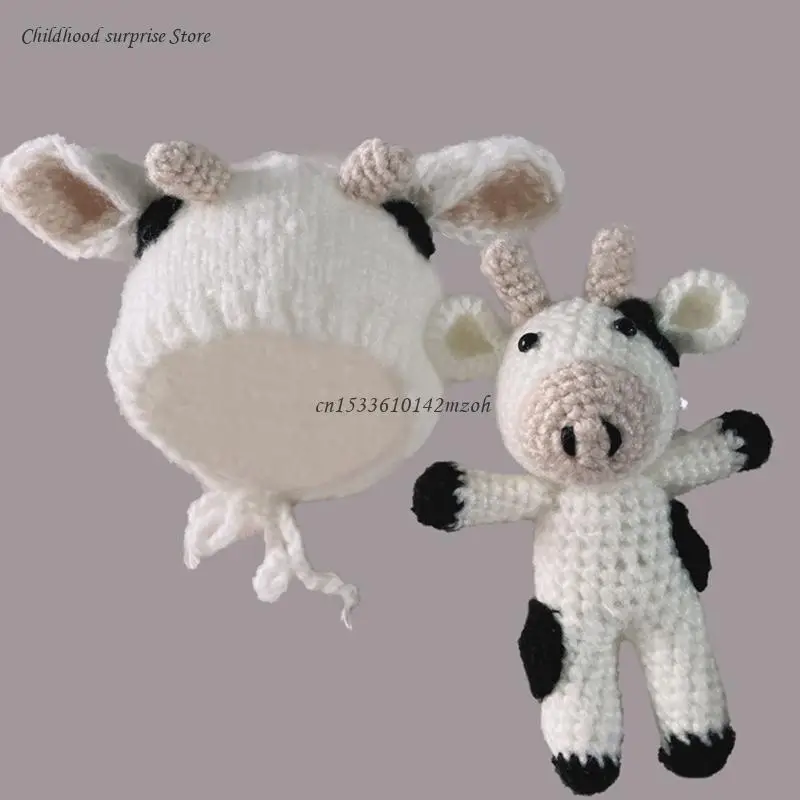 Newborn Hat for Doll Knit Cow Earmuffs Skullcap Baby Photo Toy Infant Acces Dropship