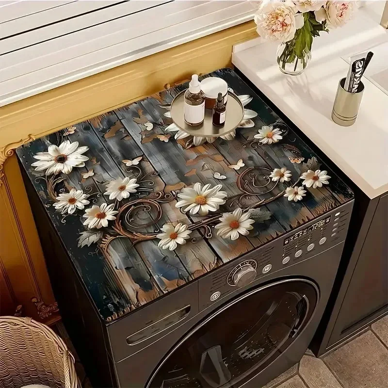 Light Wood Grain Washing Machine Cover Mat Absorbent Non Slip Mat Quick Dry Kitchen Laundry Countertop Protector Easy Clean