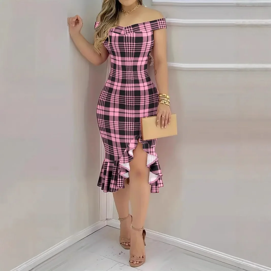 Elegant Floral Print Bodycon Dress Ladies Off Shoulder Front Split Ruffle Hem Midi Party Dress - view 5