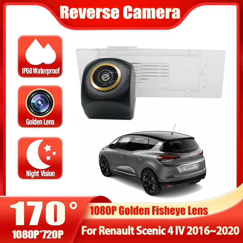 

Камера заднего вида для Renault Scenic 4 IV 2016 ~ 2019 2020 CCD 1080P, резервная парковочная камера ночного видения, золотой объектив «рыбий глаз»