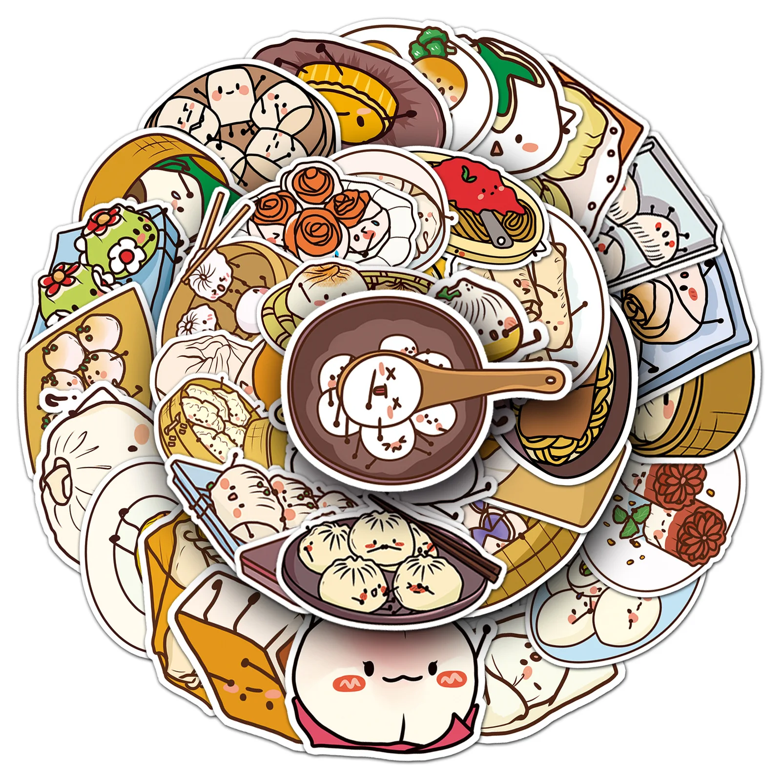 50 Pcs Cute Chinese‑Style Pastry Food Cartoon Doodle Stickers, Waterproof Decor Decals for Journals & DIY Scrapbook