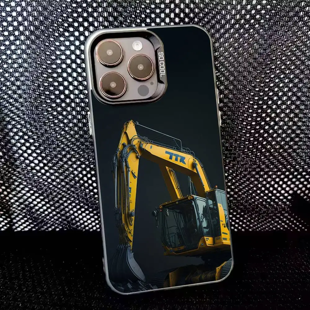 iPhone 16、15、14、13、12、11、8、7、Pro、Max、Plus、Mini、XS、SE用ショベルカー風スマホケース、耐衝撃、ブラックマットハード