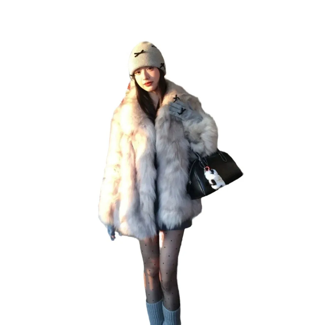 2024 Winter New Fox Fur Environmentally Friendly Fur Jacket Women's Medium and Long Loose Thickened Fur Integrated Plush Top