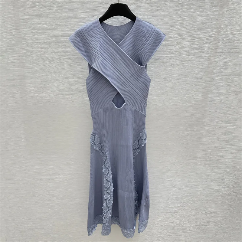 

Women's dress New elastic knitted slim fit sleeveless long dresses for summer 2025 Lace patchwork midi dresses y2k party dresses