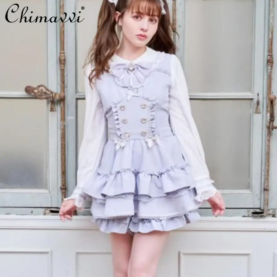 Liz Style Spring New Japanese Sweet Girl Layer Cake Butterfly Dress Set Long Sleeve Slim Dress Top and Shorts Lolita 2-piece