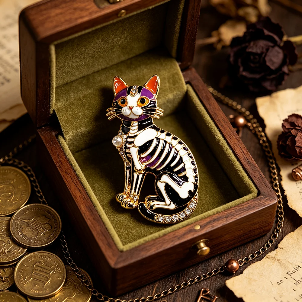 Halloween Skeleton Cat Enamel Brooch, Crystal Rhinestone Gothic Cat Lapel Pin, Day of the Dead Costume Jewelry Brooch Gift