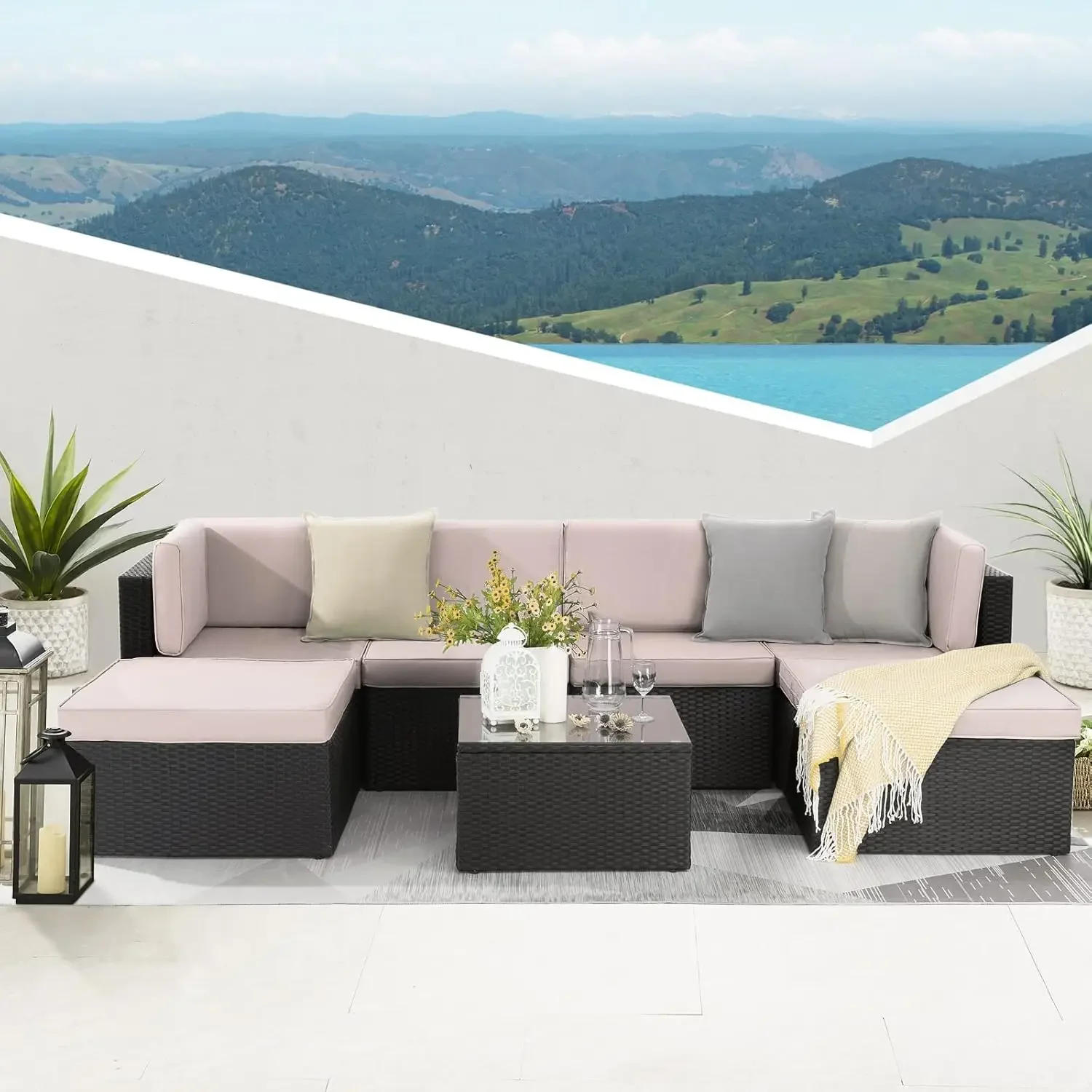 

7 Pieces Patio Furniture Set Outdoor Couch All Weather Conversation Sets Washable Cushions Glass Table Rattan Wicker Couch Beige