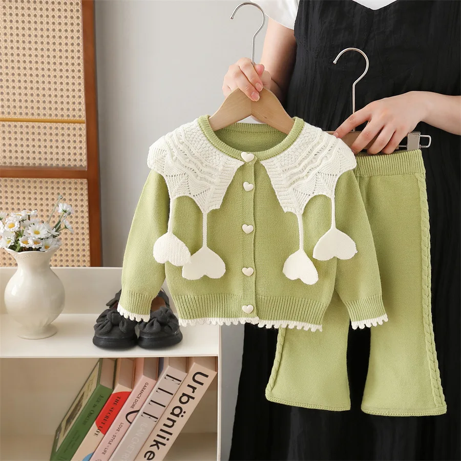 2-6Y Children's Clothing Sets Love Knit Cardigan Sweater + Wide-leg Pants 2pcs Sets Baby Girl Outfit Set Kids Boutique Clothes