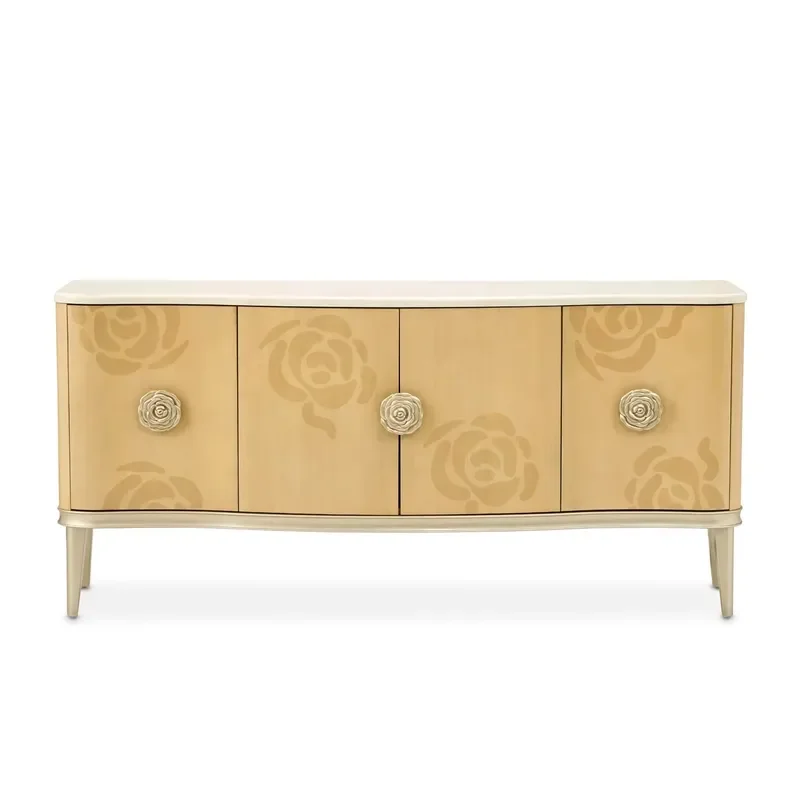 Custom High Gloss Media Cabinet with Camellia Design Marble Countertop Adjustable Shelf Living Room Sideboard Storage Console