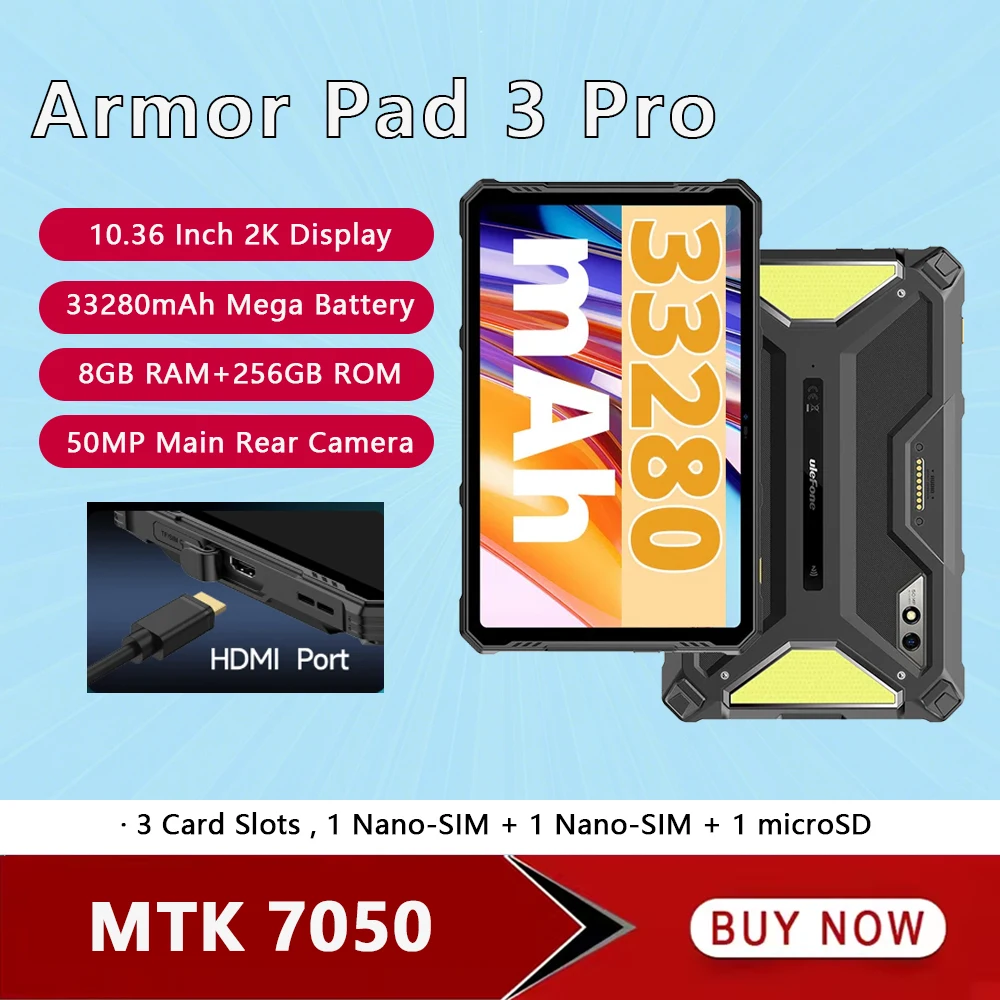 Ulefone Armor Pad 3 Pro 4G Rugged Tablet 33280mAh Battery 16GB RAM+256GB ROM Smart Pad 50MP 10.36 Inch 2K Android 13 Tablets PC