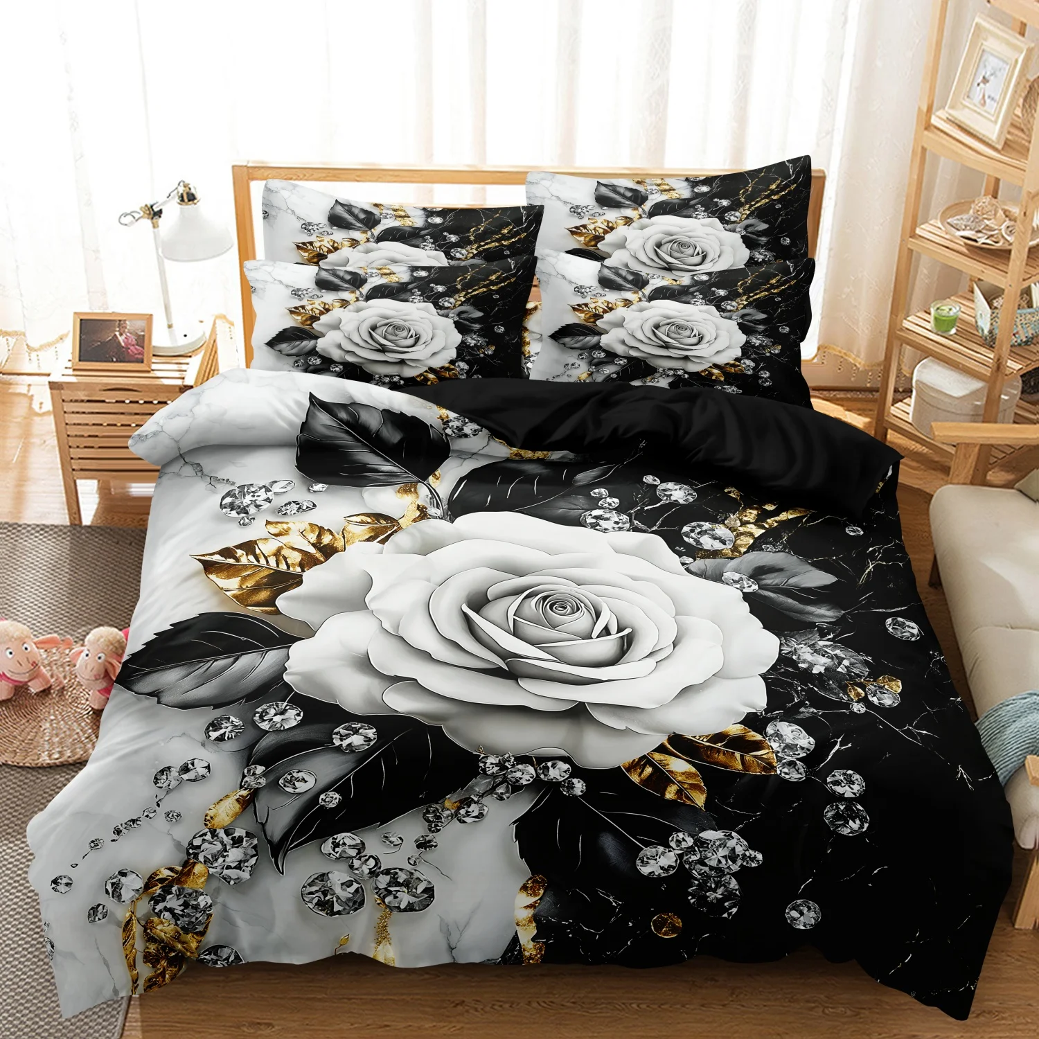 

3pcs Marble White Rose Floral Bedding Set, Luxury Flowers Themed Duvet Cover, For Family Bedrooms Dormitories Hotels