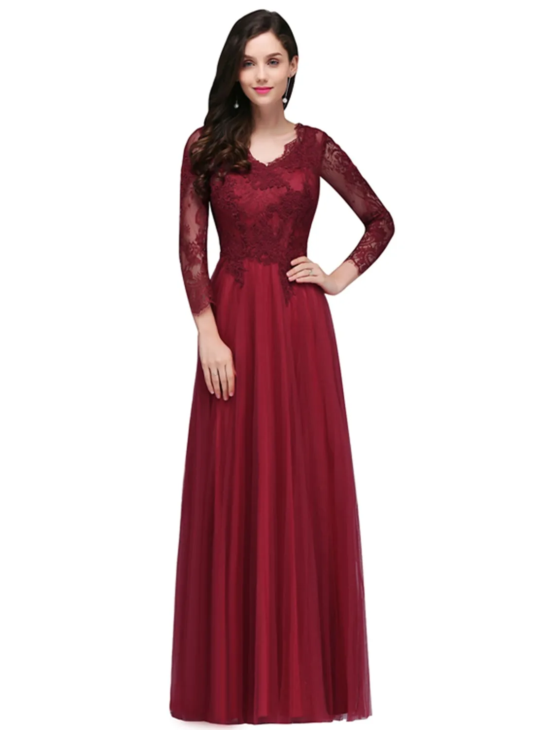 Sexy V Back Tulle Evening Dresses with Linning Burgundy Long Sleeve Lace A Line Female Prom Party Bridesmaid Maxi Gowns