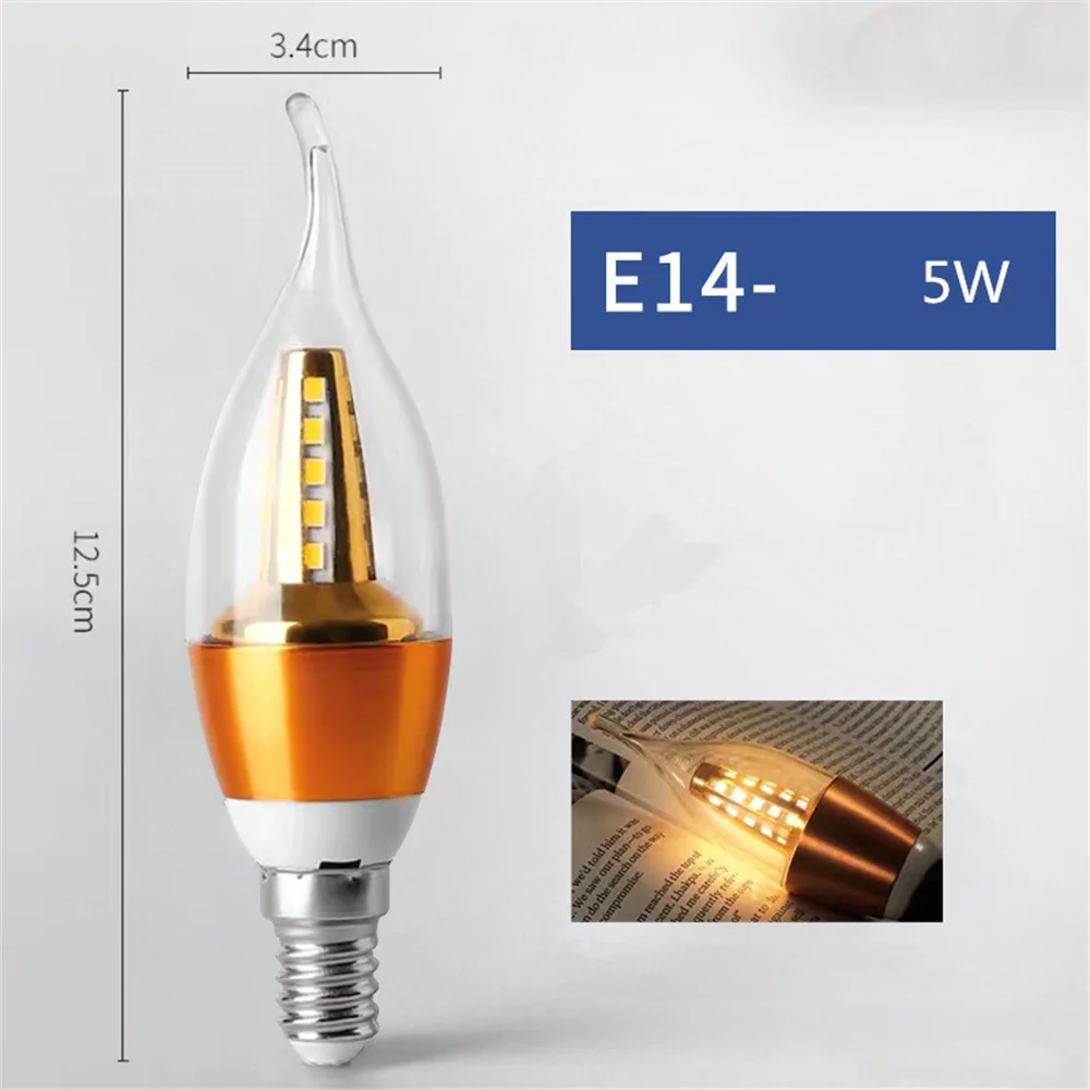 10pcs/lot 5W LED Light 40W Halogen Bulb Replacement E14 Candelabra Base LED Bulbsfor Kitchen Warm White C35L Candle Golden shell