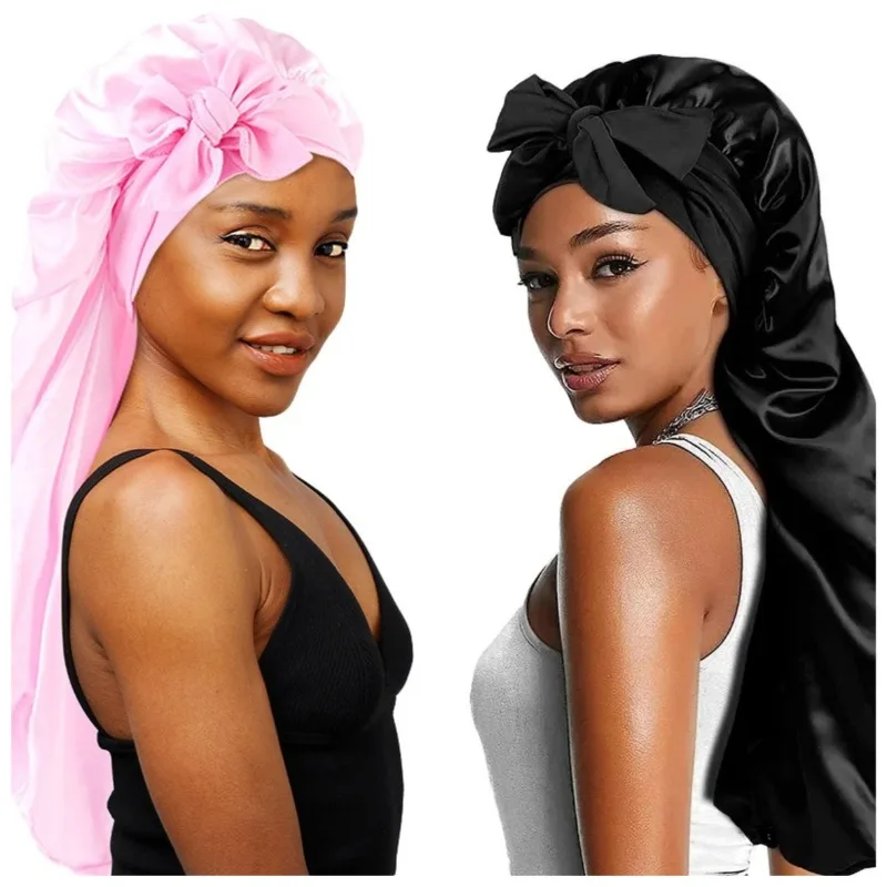 

1pcs Black/Pink Women Long Oversized Elastic Satin Bonnet with Ribbon Breathable Sleeping Cap Turban Sleep Headwear Bandanas