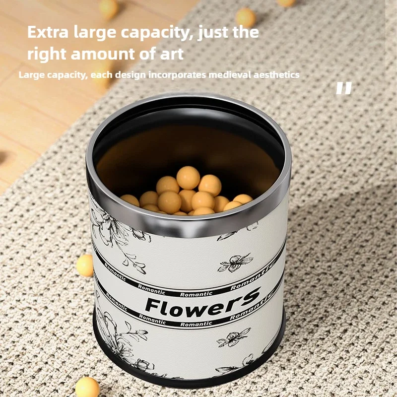 Medieval Leather Garbage Bin Household High Appearance Level Flowers Recycling Garbage Basket Bedroom Living Room Storage Bucket