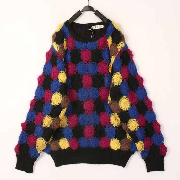 

Vintage Double Layer Hollow out Hook Flower Sweater Women's Sea Wool Knitted Warmth Autumn Winter round Neck Sweater