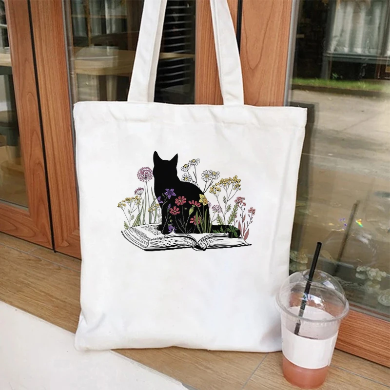 Cat and Book Lover Print Shopping Bag Tote Handbag Shopper Recycle Bag Reusable Tote Black Cat Vintage Handbag Purse for Travel