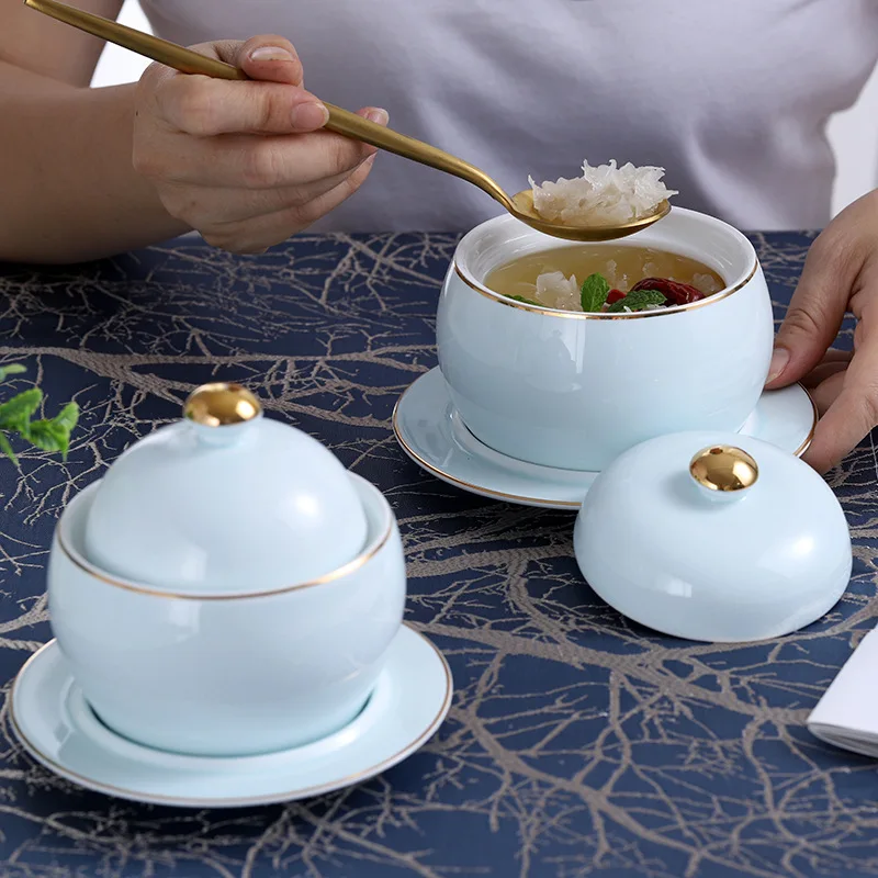 

Gold Trim Celadon Bird's Nest Steamer Ceramic Soup Cup with Lid New Chinese Style