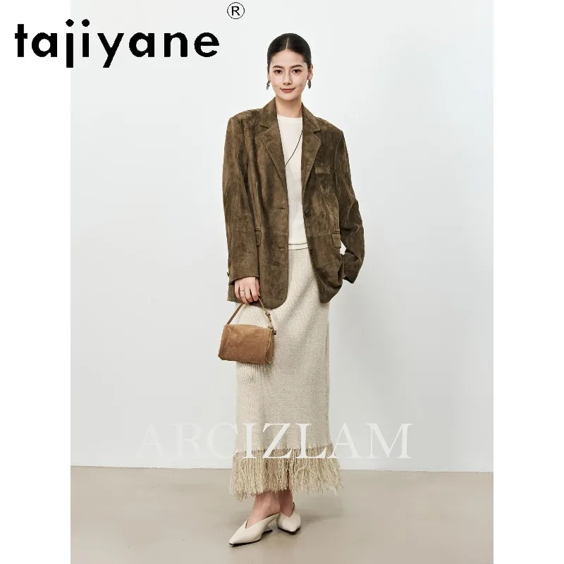 TAJIYANE Genuine Leather Jacket Woman Mixed Goatskin Suede Blazer Retro Leather Trench Coat Mid Length Jackets for Woman Jaqueta