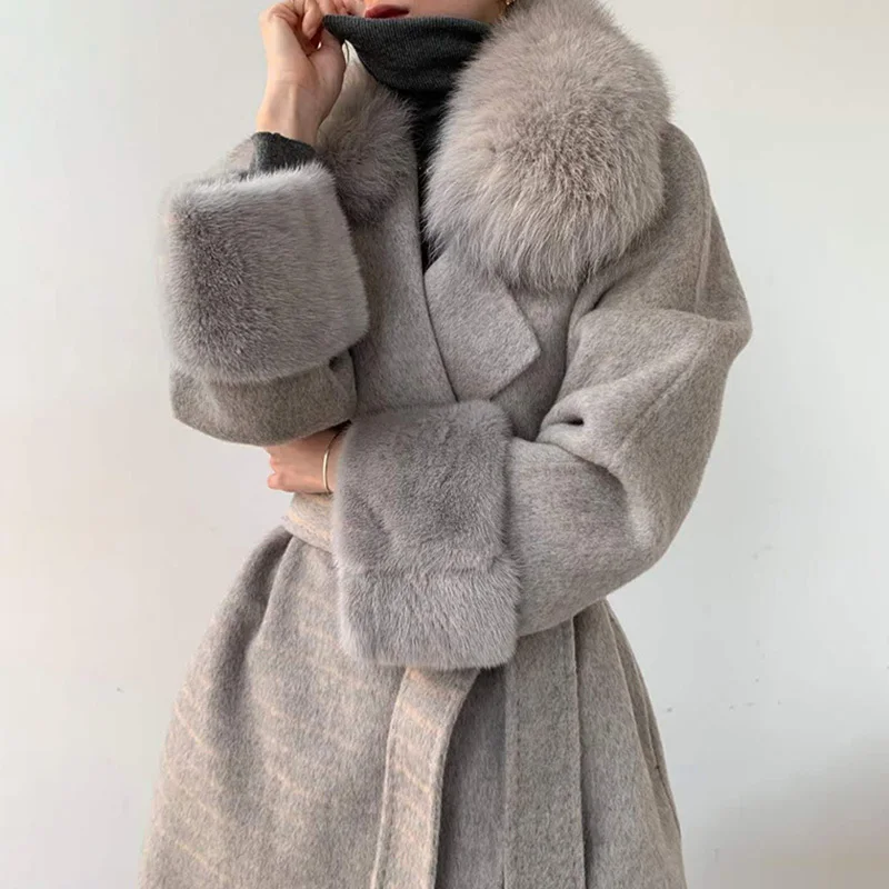 2024 Women Fashion Cashmere Coats 100% Real Mink Fur Cuff Long Outerwear Wool Jackets Fox Collar Lady Clothing