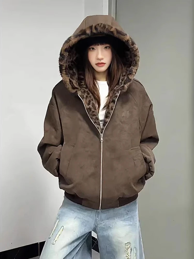 سترة سترة بنية ثينيد مزدوجة الجوانب منقوشة بنقشة الفهد للرجال والنساء معطف شتوي دافئ بقلنسوة مناسب نقي...