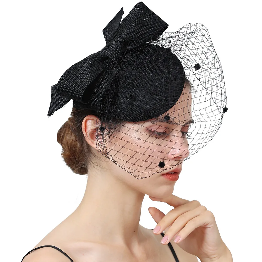 Black Imitation Linen Cocktail Fascinator Hat Derby Millinery Hair Accessories Elegant Cover Face Veils Feather Flower Headband