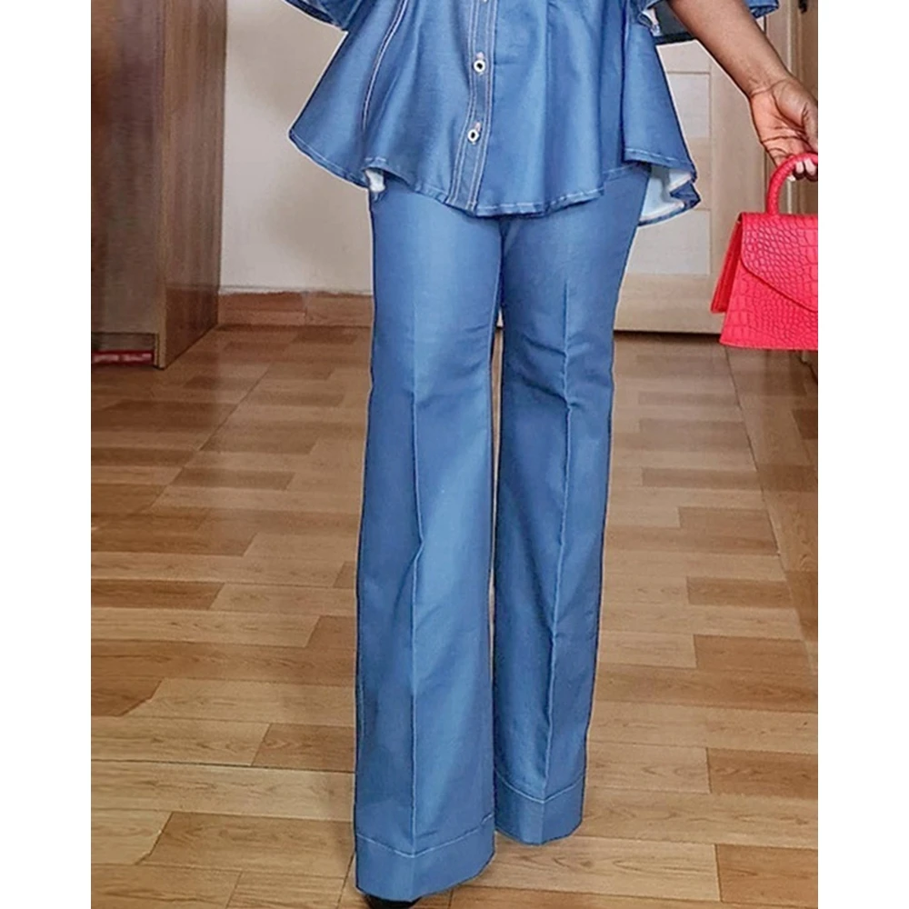 Elegant Denim Two Pieces Set for Women Buttoned Flare Sleeve Mock Neck Top & Straight Pants Suit Set Fashion Solid Outfits