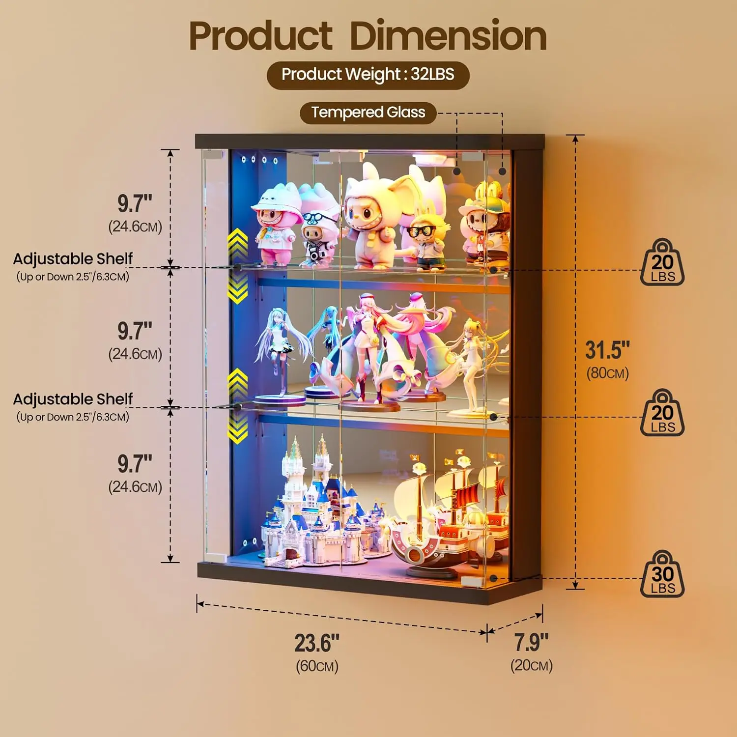 Wall Mount Glass Display Case with Auto Sensor and RGB Lights - Black | Adjustable Shelves, 5 Dynamic & 7 Static Lights, Pop-Up