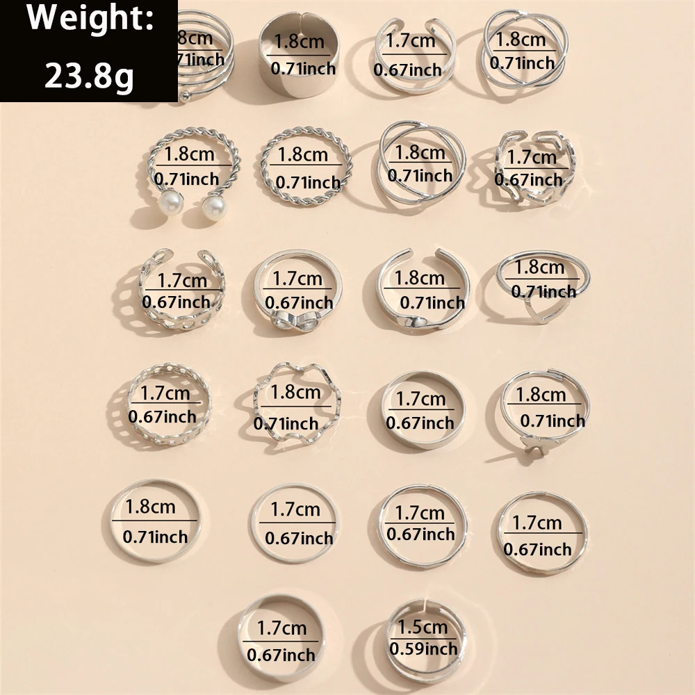 22Pcs/Set Fashion Imitation-Pearl Love Heart Cross Wave Butterfly Infinity Simple Metal Layered Geometric Hollow Ring For Woman image 6