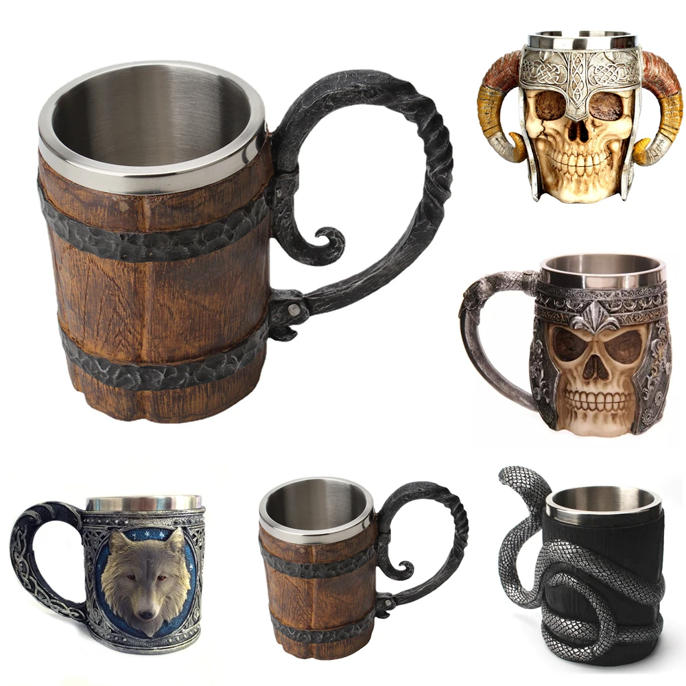 

2025 Viking Wood Style Beer Mug Simulation Wooden Barrel Beer Cup Double Wall Drinking Mug Metal Insulated Bar Drinking