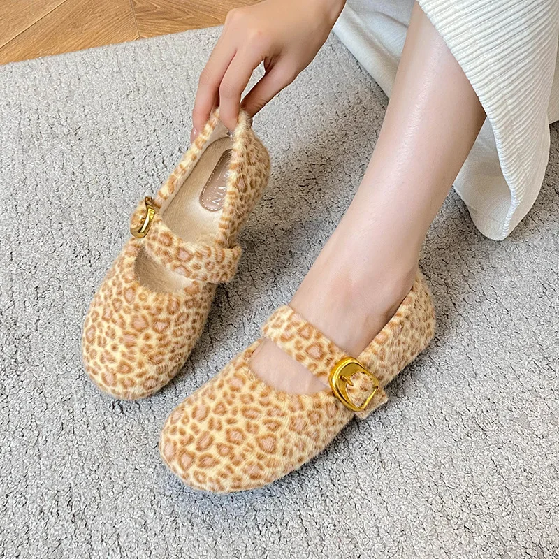 

Women's 2025 New Leopard Print Mary Jane Shoes Winter Buckle Furry Lined Thermal Warm Cotton Shoes Flat Sole Non-Slip Loafers