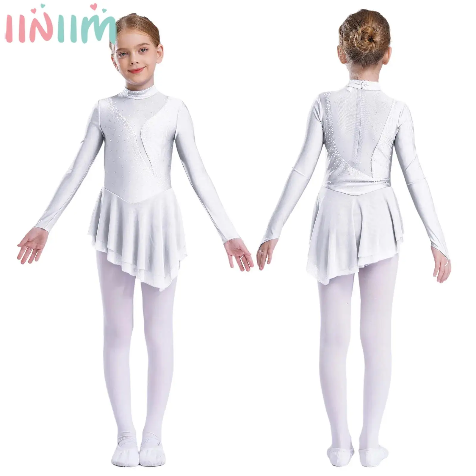 Kinderen Meisjes Kunstschaatsen Kostuum Moderne Lyrische Dans Ballet Gymnastiek Jurk Lange Mouw Strass Sheer Mesh Turnpakje Tutu