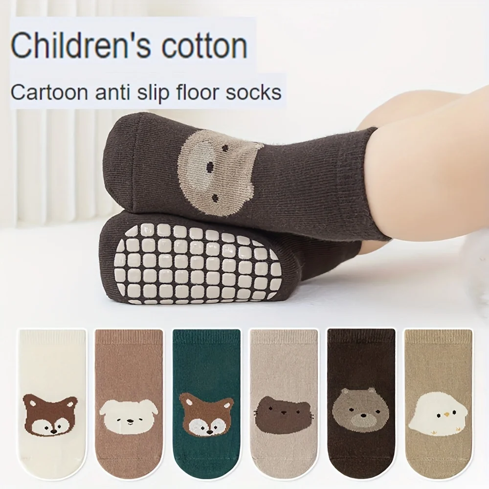 Calcetines de trampolín antideslizantes para bebés y niños pequeños, 6 pares, otoño e invierno, gran área, punto, pegamento, dibujos animados, Strai