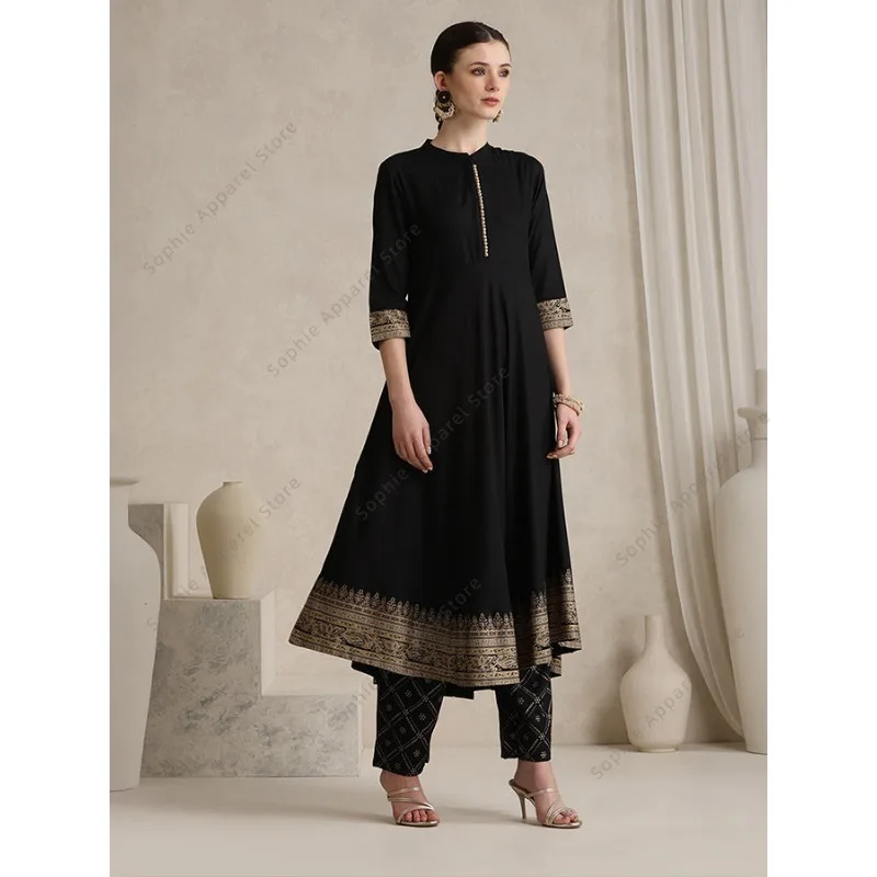 Elegant Black Indian Salwar Kameez Dupatta Set Women Cotton Suits Vintage Print Traditional Bollywood Style Outfit Spring
