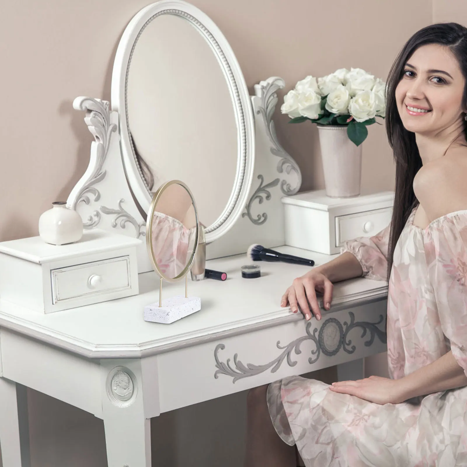 مرآة كونترتوب متعددة الوظائف لسطح المكتب، إطار معدني عالي الجودة، صورة واضحة، قاعدة مضادة للانزلاق، ذهبي